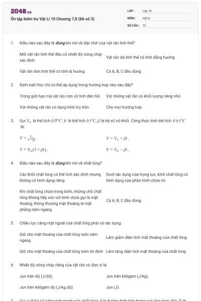 Ôn tập kiểm tra Vật Lí 10 Chương 7,8 (Đề số 3)