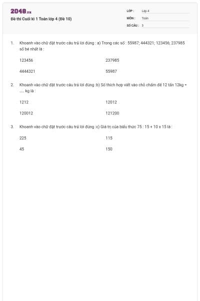 Đề thi Cuối kì 1 Toán lớp 4 (Đề 10)