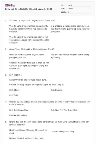 Đề thi Lịch Sử và Địa Lí lớp 4 Học kì 2 có đáp án (Đề 6)