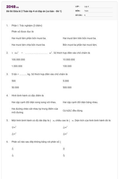 Đề thi Giữa kì 2 Toán lớp 4 có đáp án (cơ bản - Đề 1)