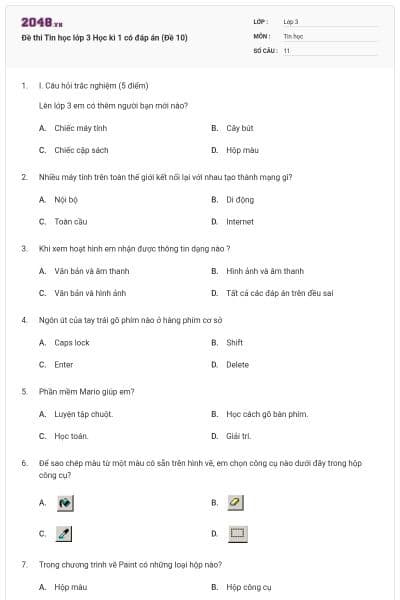 Đề thi Tin học lớp 3 Học kì 1 có đáp án (Đề 10)