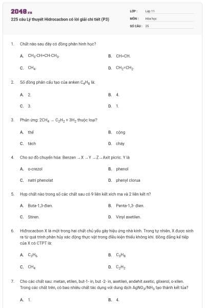 225 câu Lý thuyết Hidrocacbon có lời giải chi tiết (P3)