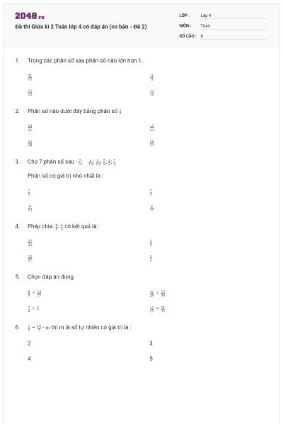 Đề thi Giữa kì 2 Toán lớp 4 có đáp án (cơ bản - Đề 2)