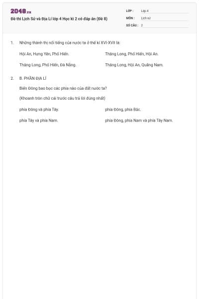 Đề thi Lịch Sử và Địa Lí lớp 4 Học kì 2 có đáp án (Đề 8)