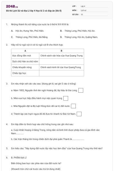 Đề thi Lịch Sử và Địa Lí lớp 4 Học kì 2 có đáp án (Đề 8)