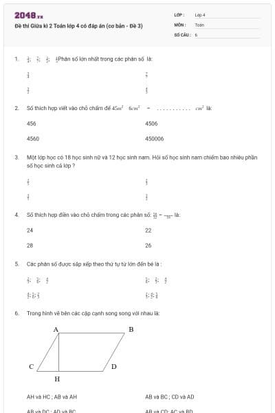 Đề thi Giữa kì 2 Toán lớp 4 có đáp án (cơ bản - Đề 3)