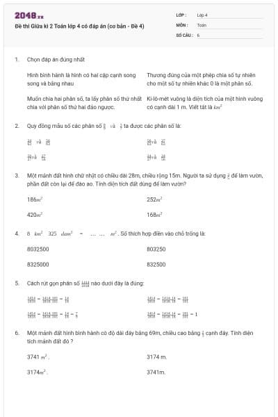 Đề thi Giữa kì 2 Toán lớp 4 có đáp án (cơ bản - Đề 4)