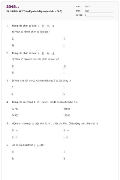Đề thi Giữa kì 2 Toán lớp 4 có đáp án (cơ bản - Đề 5)