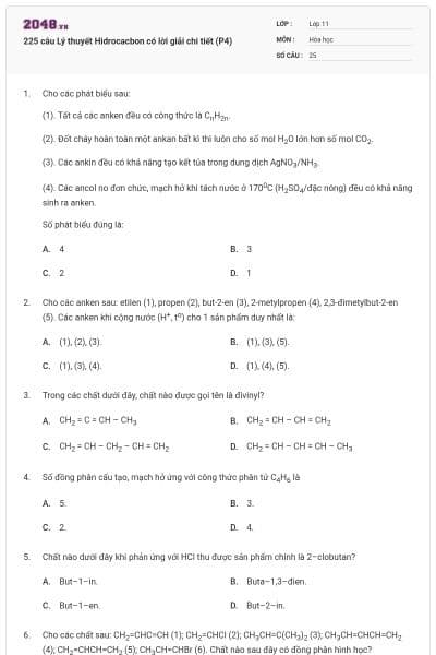 225 câu Lý thuyết Hidrocacbon có lời giải chi tiết (P4)