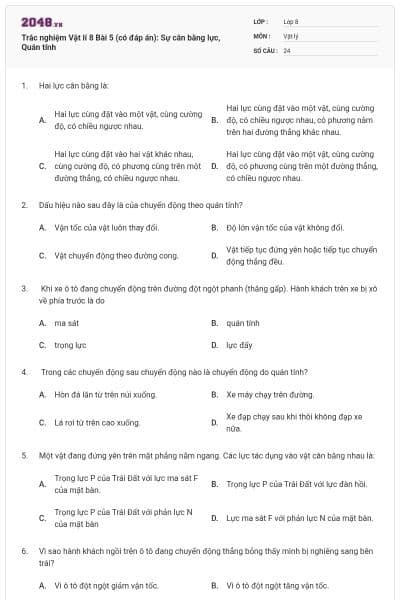 Trắc nghiệm Vật lí 8 Bài 5 (có đáp án): Sự cân bằng lực, Quán tính