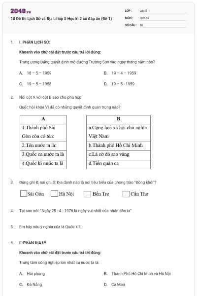 10 Đề thi Lịch Sử và Địa Lí lớp 5 Học kì 2 có đáp án (Đề 1)