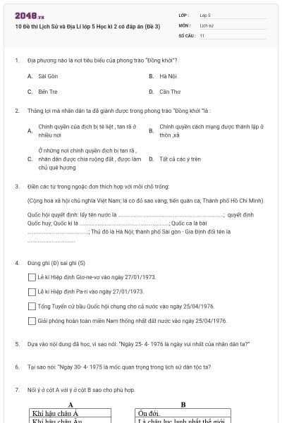 10 Đề thi Lịch Sử và Địa Lí lớp 5 Học kì 2 có đáp án (Đề 3)