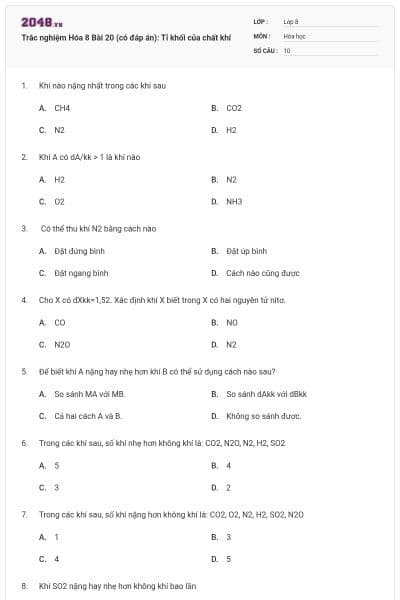 Trắc nghiệm Hóa 8 Bài 20 (có đáp án): Tỉ khối của chất khí