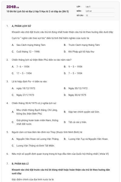 10 Đề thi Lịch Sử và Địa Lí lớp 5 Học kì 2 có đáp án (Đề 5)