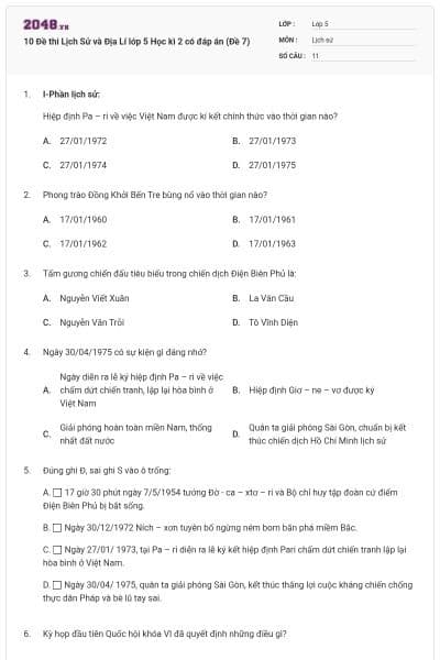 10 Đề thi Lịch Sử và Địa Lí lớp 5 Học kì 2 có đáp án (Đề 7)