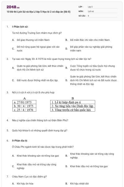 10 Đề thi Lịch Sử và Địa Lí lớp 5 Học kì 2 có đáp án (Đề 8)