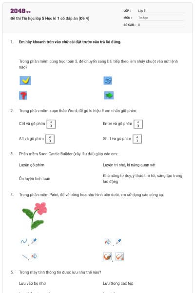 Đề thi Tin học lớp 5 Học kì 1 có đáp án (Đề 4)