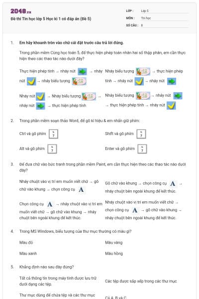 Đề thi Tin học lớp 5 Học kì 1 có đáp án (Đề 5)