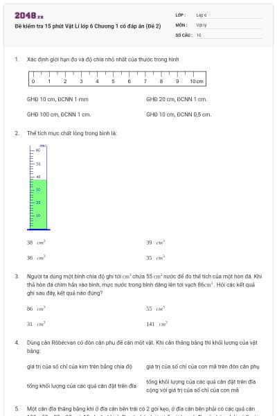 Đề kiểm tra 15 phút Vật Lí lớp 6 Chương 1 có đáp án (Đề 2)