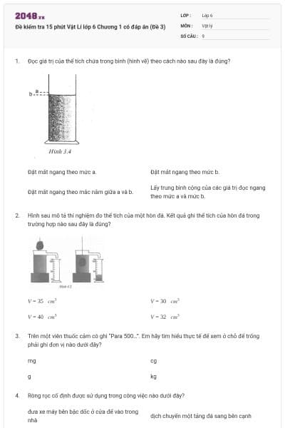 Đề kiểm tra 15 phút Vật Lí lớp 6 Chương 1 có đáp án (Đề 3)