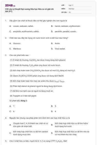 230 câu Lý thuyết Đại cương Hóa học Hữu cơ có giải chi tiết (P7)