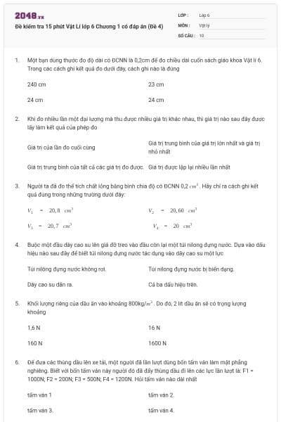 Đề kiểm tra 15 phút Vật Lí lớp 6 Chương 1 có đáp án (Đề 4)