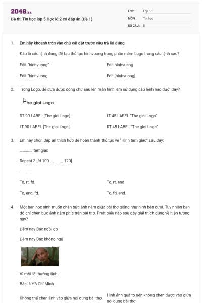 Đề thi Tin học lớp 5 Học kì 2 có đáp án (Đề 1)