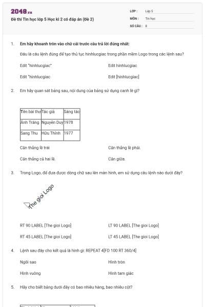 Đề thi Tin học lớp 5 Học kì 2 có đáp án (Đề 2)