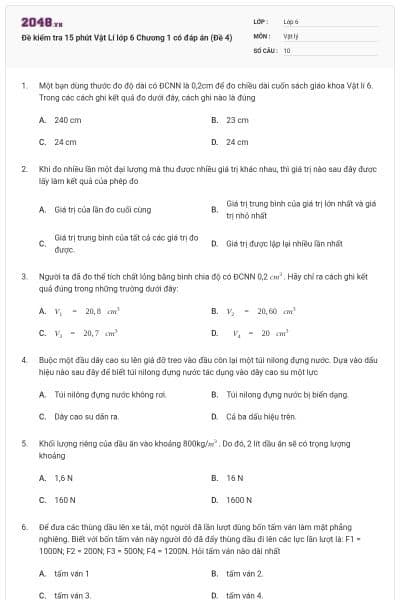 Đề kiểm tra 15 phút Vật Lí lớp 6 Chương 1 có đáp án (Đề 4)