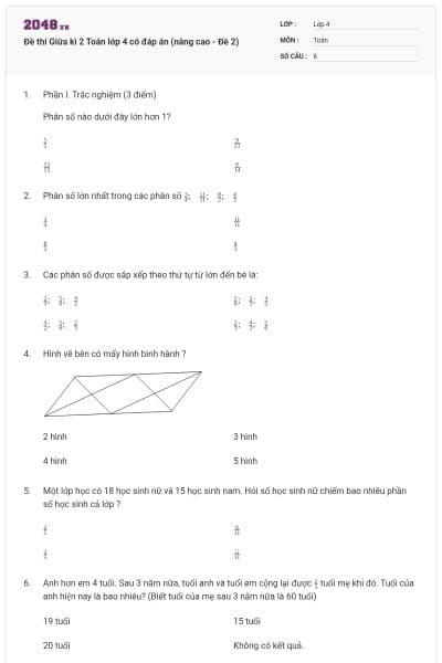 Đề thi Giữa kì 2 Toán lớp 4 có đáp án (nâng cao - Đề 2)