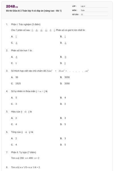 Đề thi Giữa kì 2 Toán lớp 4 có đáp án (nâng cao - Đề 1)