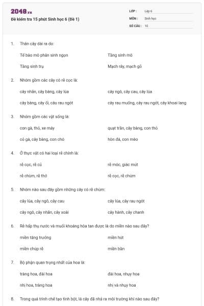 Đề kiểm tra 15 phút Sinh học 6 (Đề 1)