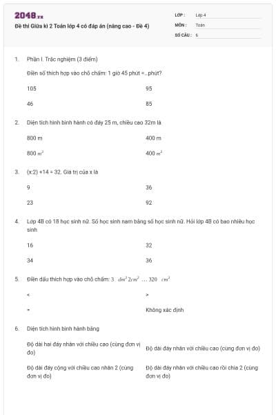 Đề thi Giữa kì 2 Toán lớp 4 có đáp án (nâng cao - Đề 4)