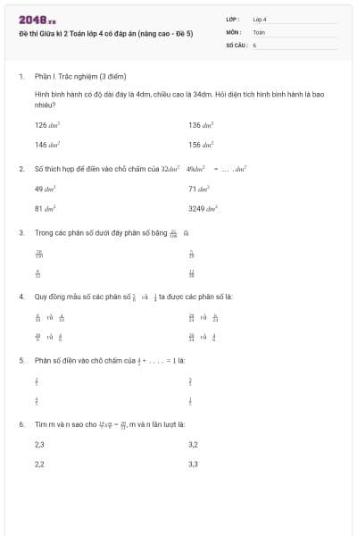 Đề thi Giữa kì 2 Toán lớp 4 có đáp án (nâng cao - Đề 5)