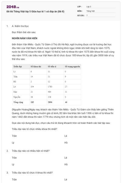 Đề thi Tiếng Việt lớp 5 Giữa học kì 1 có đáp án (Đề 8)