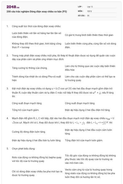 200 câu trắc nghiệm Dòng điện xoay chiều cơ bản (P3)
