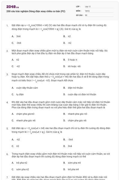 200 câu trắc nghiệm Dòng điện xoay chiều cơ bản (P2)
