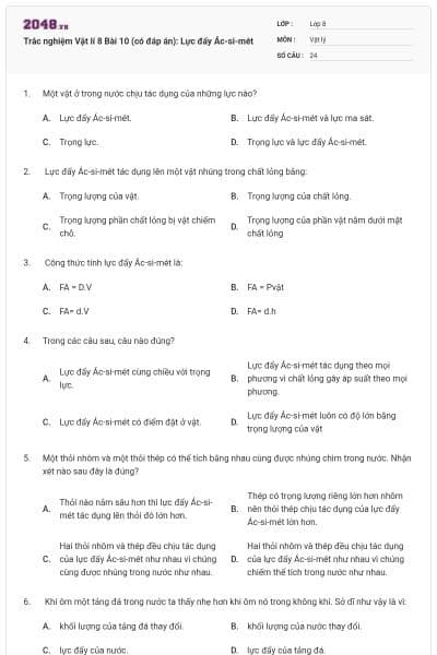 Trắc nghiệm Vật lí 8 Bài 10 (có đáp án): Lực đẩy Ác-si-mét