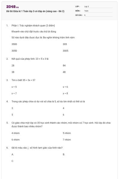 Đề thi Giữa kì 1 Toán lớp 3 có đáp án (nâng cao - Đề 2)