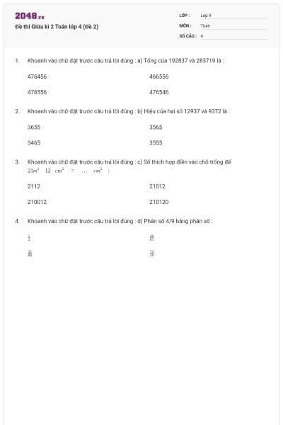 Đề thi Giữa kì 2 Toán lớp 4 (Đề 2)