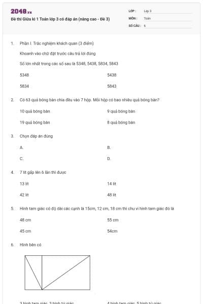 Đề thi Giữa kì 1 Toán lớp 3 có đáp án (nâng cao - Đề 3)