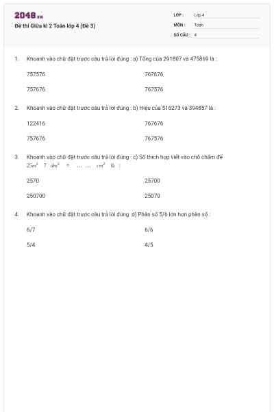 Đề thi Giữa kì 2 Toán lớp 4 (Đề 3)