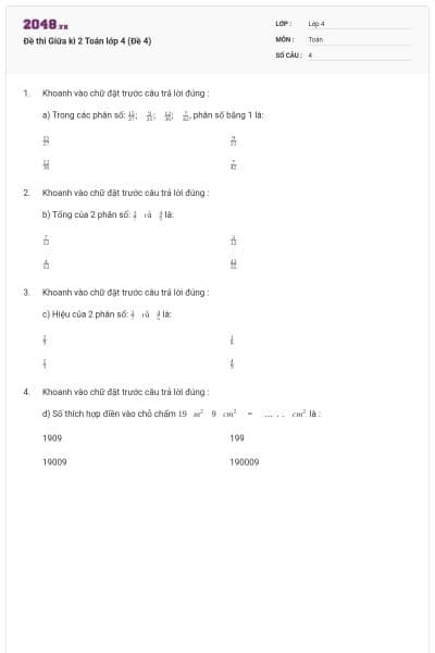 Đề thi Giữa kì 2 Toán lớp 4 (Đề 4)