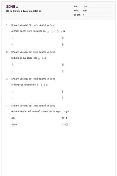 Đề thi Giữa kì 2 Toán lớp 4 (Đề 5)