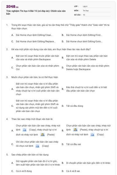 Trắc nghiệm Tin học 6 Bài 15 (có đáp án): Chỉnh sửa văn bản