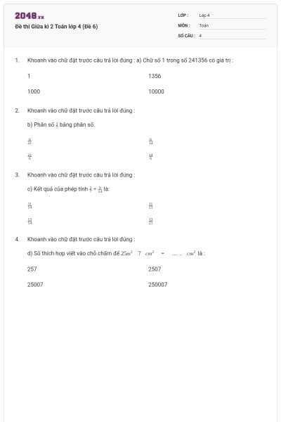 Đề thi Giữa kì 2 Toán lớp 4 (Đề 6)