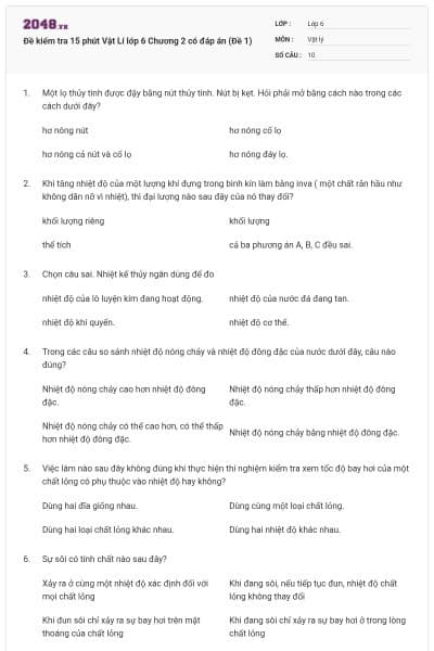 Đề kiểm tra 15 phút Vật Lí lớp 6 Chương 2 có đáp án (Đề 1)