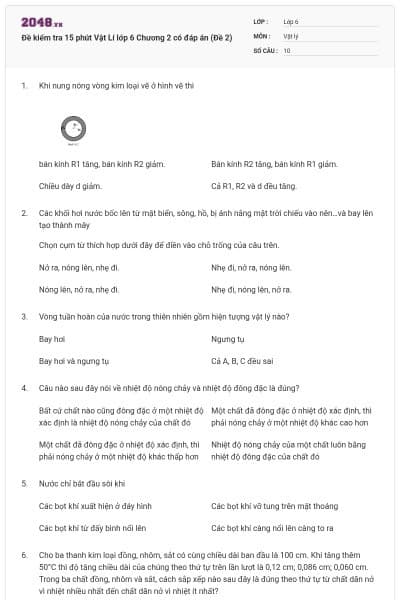 Đề kiểm tra 15 phút Vật Lí lớp 6 Chương 2 có đáp án (Đề 2)