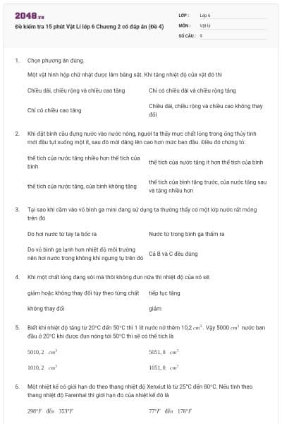 Đề kiểm tra 15 phút Vật Lí lớp 6 Chương 2 có đáp án (Đề 4)