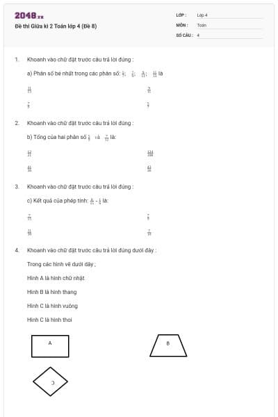 Đề thi Giữa kì 2 Toán lớp 4 (Đề 8)